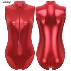 Collant de balé feminino brilhante metálico yoga dança bodysuit sem mangas zíper duplo bodycon macacão maiô clubwear