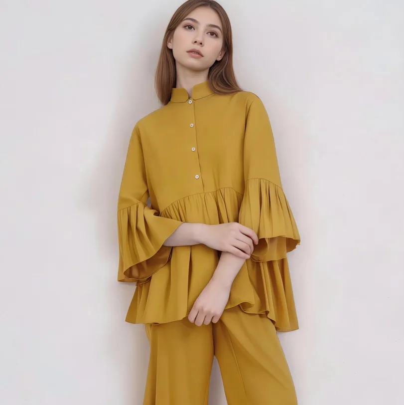 

2PCS Muslim Sets for Women Solid Color Tops and Pants Suit Islam Clothing Turkey Outfits Ruffles Abaya Femme Musulmane Ensembles