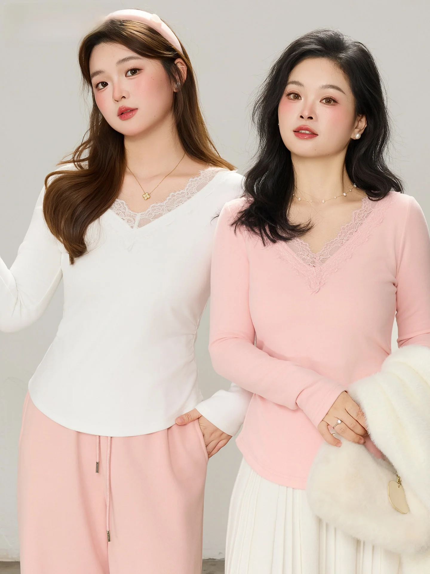 

Облегающая футболка с V-образным вырезом и кружевной отделкой, больших размеров, женская повседневная, для ношения под одеждой, романтическая, из смесового полиэстера и спандекса