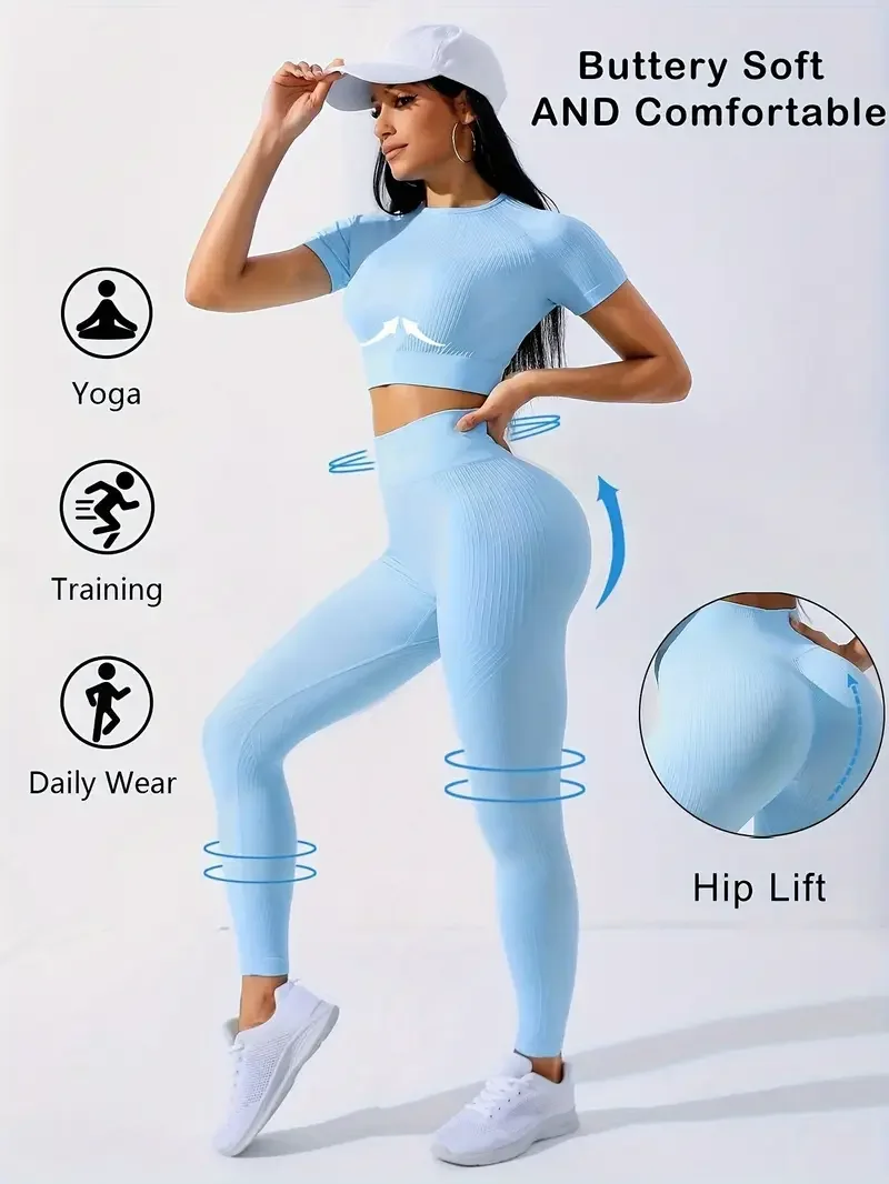 

Yoga Set 2 Pieces Women Tracksuits Workout Sportswear Gym Clothing Fitness Short Sleeves Long Leggings Suits