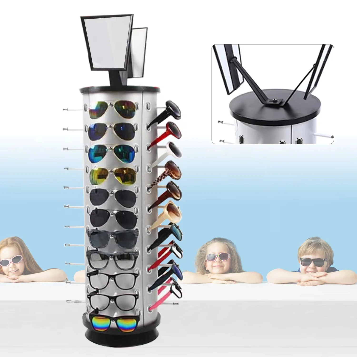 

New ° Rotating Sunglass Rack Counter Top Turning Sunglasses Display Rack Organizer Holder & Mirror Spinning Stand