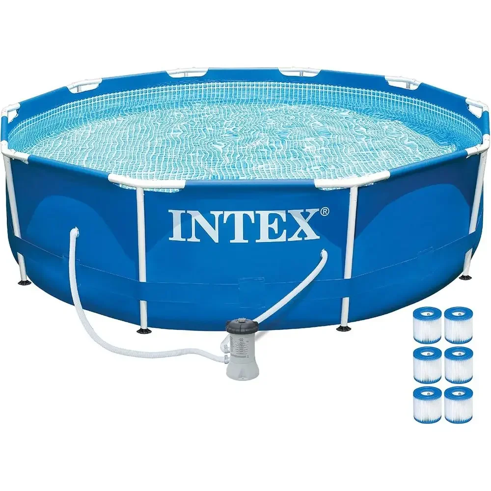4-Person Above Ground Pool Set with Drain Plug, Filter Pump, and 6 Replacement Cartridges, Blue