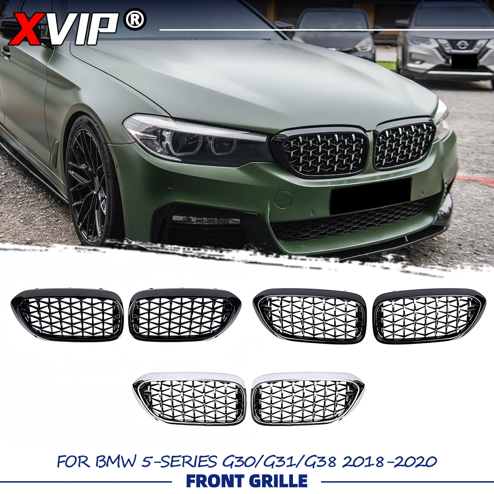 

XVIP Glossy Black Diamonds Style Upper Racing Grills For BMW 5-Series G30 G31 G38 2018-2020 Silver Front Bumper Racing Grille