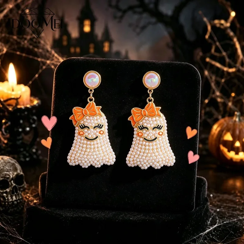 DOO MEI Halloween Dangle Earrings Witch Hat Bow Ghost Drop Earrings Imitation Pearl Earring for Women Festival Party Ear Jewelry