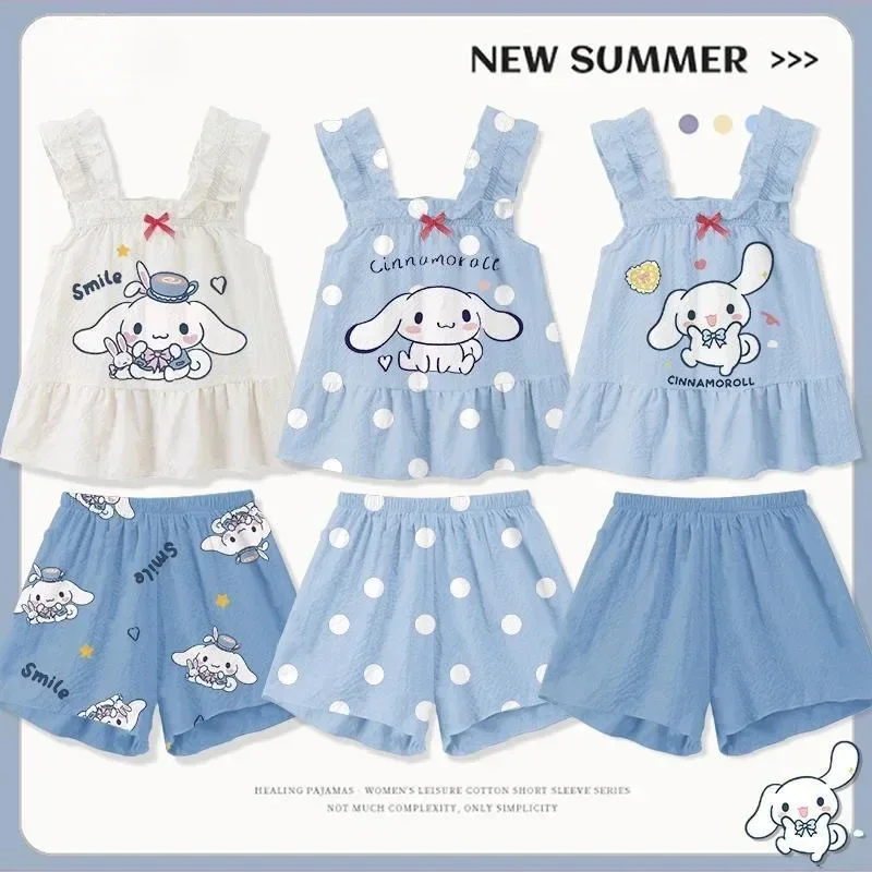 Sanrio Cinnamoroll Kuromi Children's Girl Pajamas Set Cartoon Cotton Girls Cute Anime Cartoon Printed Camisole Top+shorts