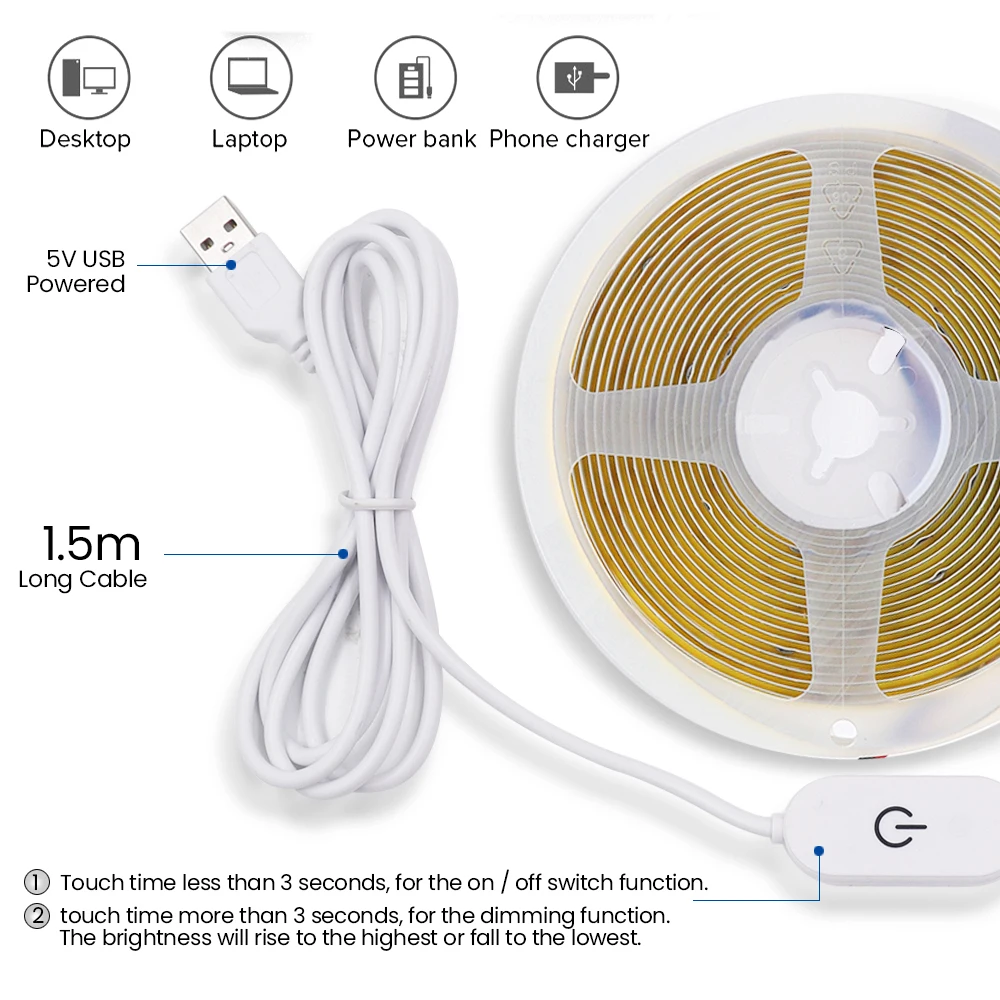 Dotykowa regulacja ściemniania USB pasek COB LED diod 5V 320 diod LED/M zielony/czerwony/różowy/lodowy blękit/biały/żółty wystrój domu elastyczna