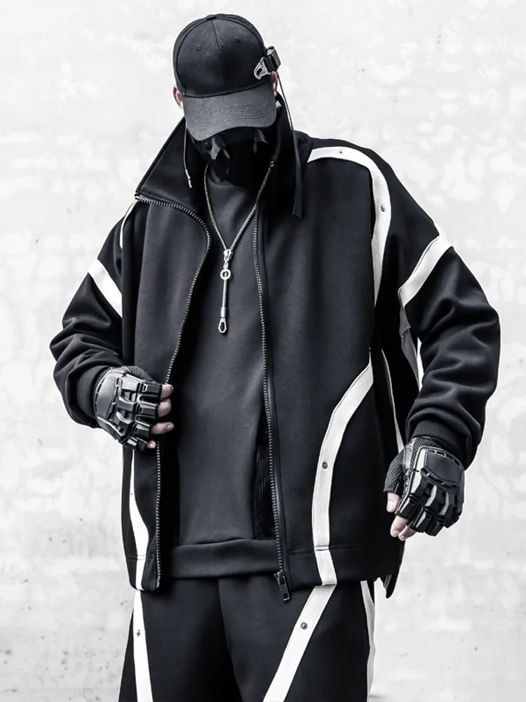 Avant-Garde Spring Coat Black and White Loose Multicolor Dark Cardigan Sports Casual Stand Collar Hip Hop Jacket for Men