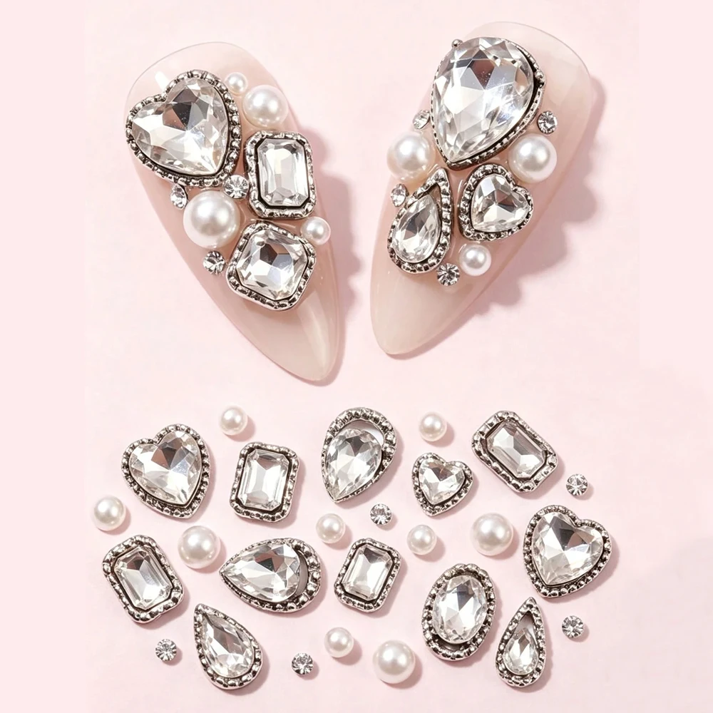 12Pcs 3D Glitter Crystal Nail Pile Nail Art Rhinestone Luxury Transparent Diamond Heart/Butterfly/Square Nail Charms DIY Decor