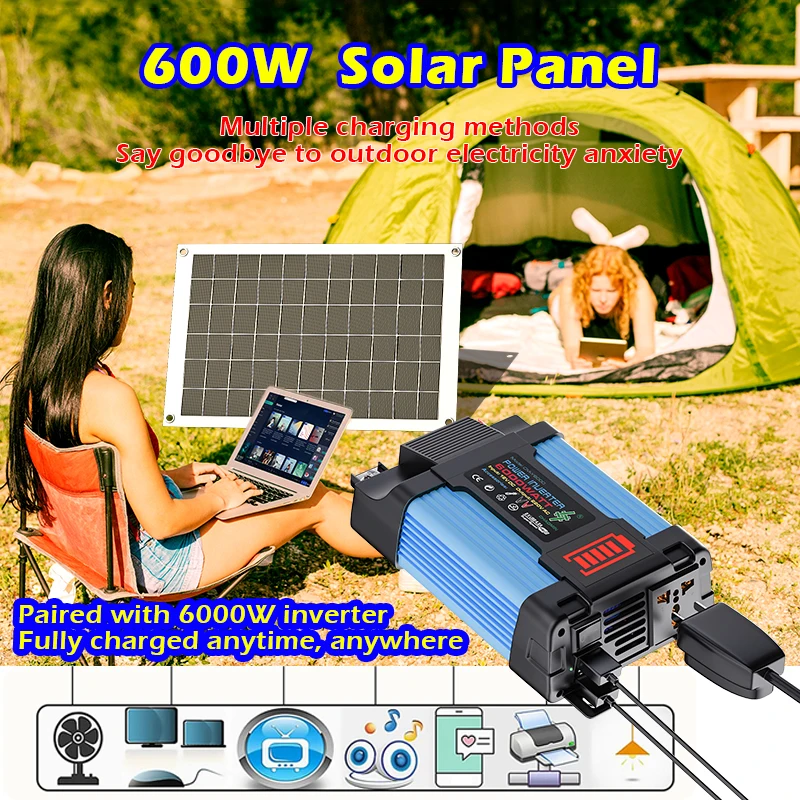 6000W Solar Inverter Kit Complete Power Generation 600W Solar Panel 110V/220V System 12V Solar Panel Battery Charging Controller