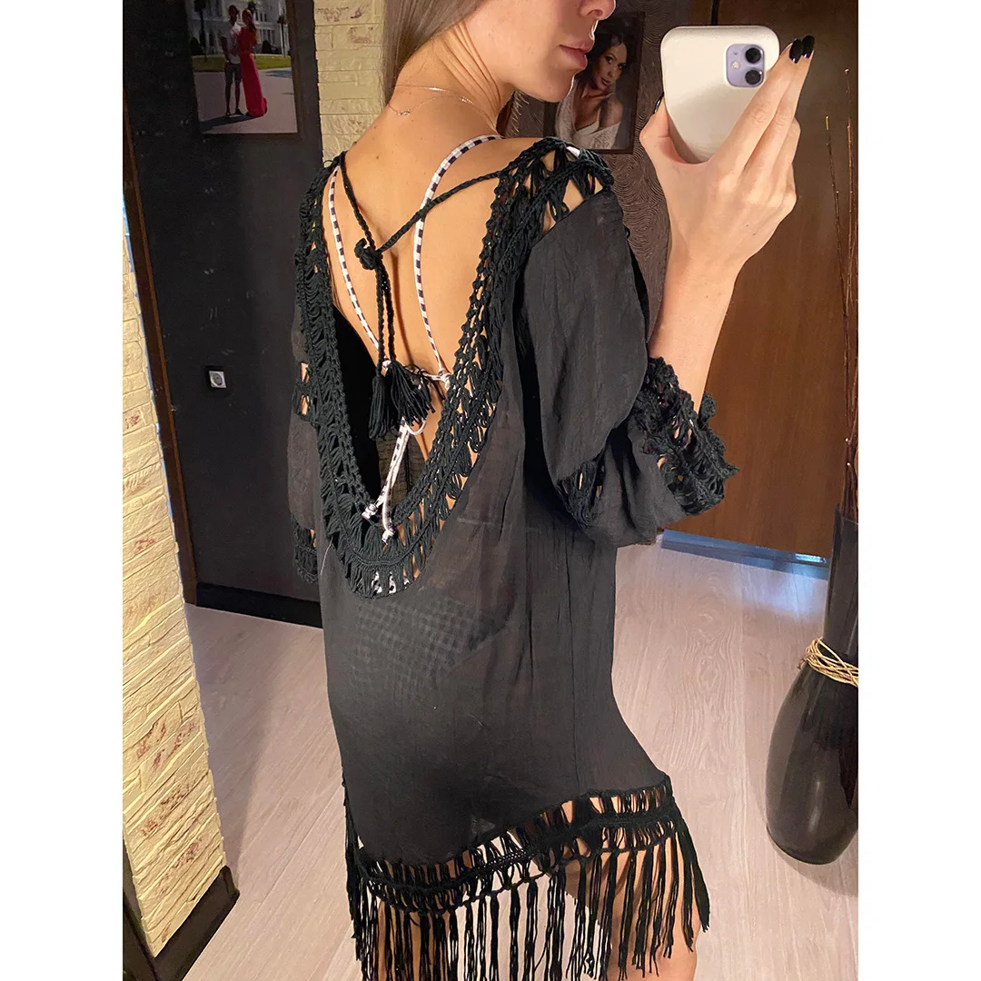 Sexy rückenfreie, ausgeschnittene Tunika mit Fransen, Strandkleid, Strandmode, Damen V2650 – Detail 7