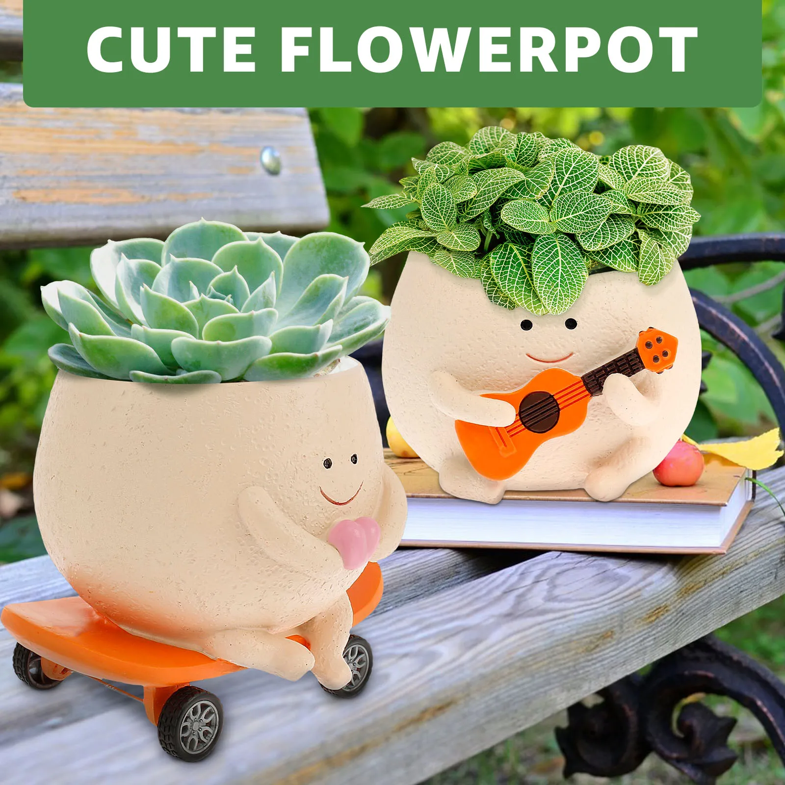 Smiling Face Planter Pot with Drainage Holes Cute Resin Smiling Face Plant Pot Funny Skateboard Face Flower Pot Succulent Pots