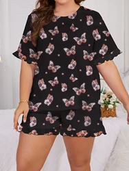 2-piece set of oversized women's pajamas and home clothing casual loose butterfly printed short sleeved top and shorts