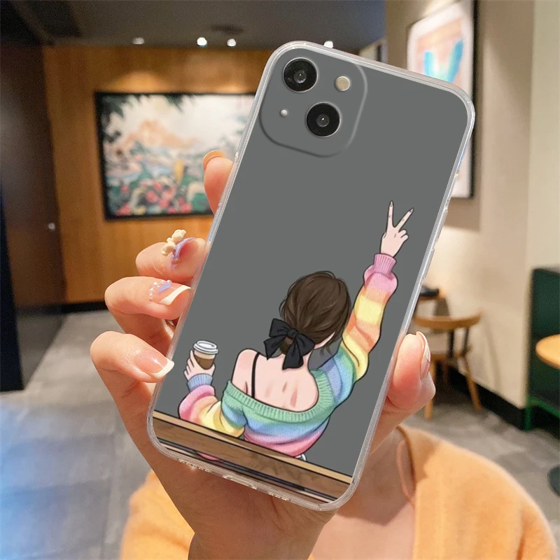 حافظة لهاتف آيفون 16E 15 16 14 13 12 11 Pro Max XS Max 7 8 16 Plus SE2 غطاء شفاف من البولي يوريثان الناعم فتاة بوس أنثى القهوة