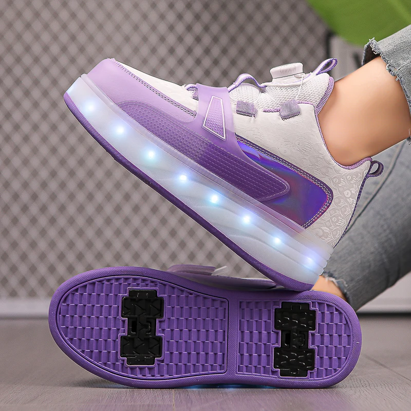 Trend Kids 4 Wheels Roller Skate Shoes for Boys Girls Swivel Buckle LED Light Luminous Sneakers Outdoor Children\'s Casual Shoe