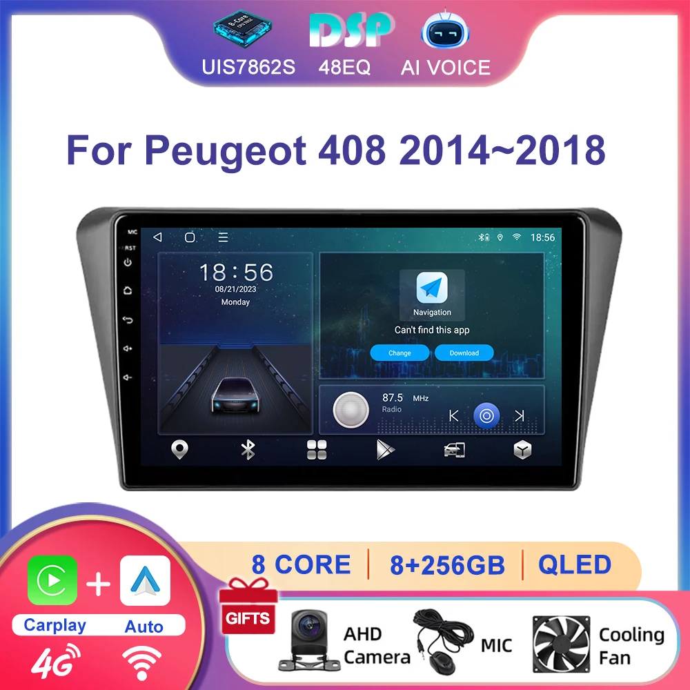 Reproductor Multimedia para Auto Witfighter de 10 Pulgadas, 2 DIN, Android Auto, Carplay, Autoradio para Peugeot 408 2014-2018, Estéreo para Auto