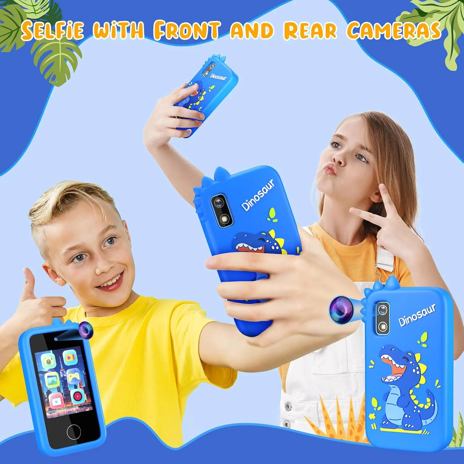 Telefon dla dzieci z aparatem dla chłopców z ekranem dotykowym, karta 32G Prezenty urodzinowe dla dzieci Podwójny aparat, odtwarzacz muzyczny (niebieski dinozaur)