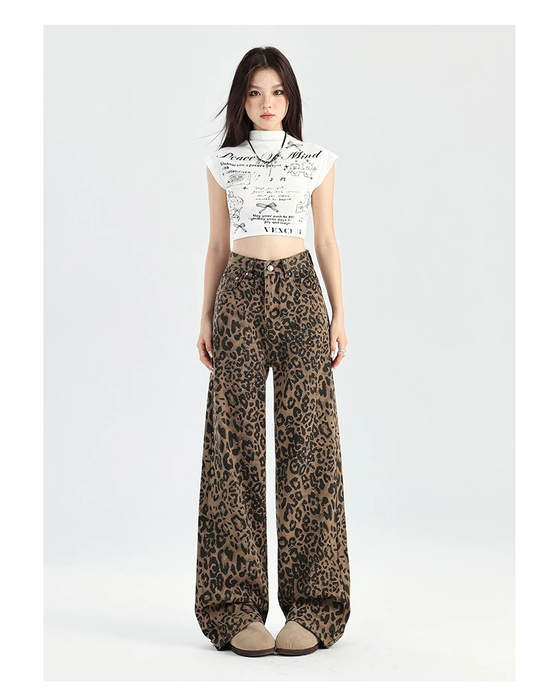 Retro Leopard Jeans Female Internet celebrities Sexy high waist drape loose straight wide leg floor pants