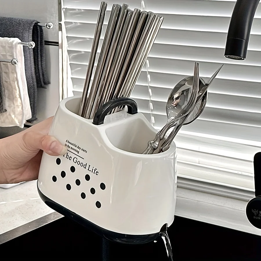 Multi-Functional Kitchen Utensil Holder - Chopstick Caddy, Spoon & Fork Organizer With Drainage - Durable Plastic  Solution For 