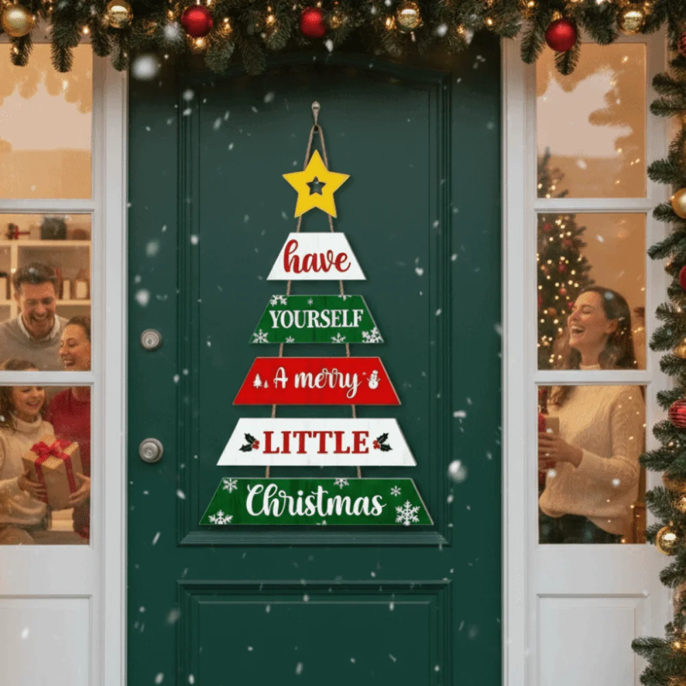 Tiered Christmas Door Sign Vintage Handcrafted Wooden Plaque Multi-layered Eco-friendly Hanging Welcome Board Entrance