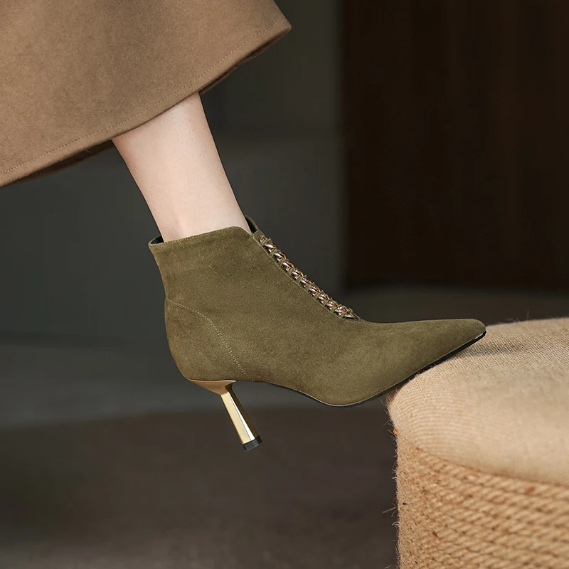 2024 New Autumn Winter Women Boot Kid Suede Short Boots Fashion Women Shoes Pointed Toe Stiletto High Heels Modern Boots Green