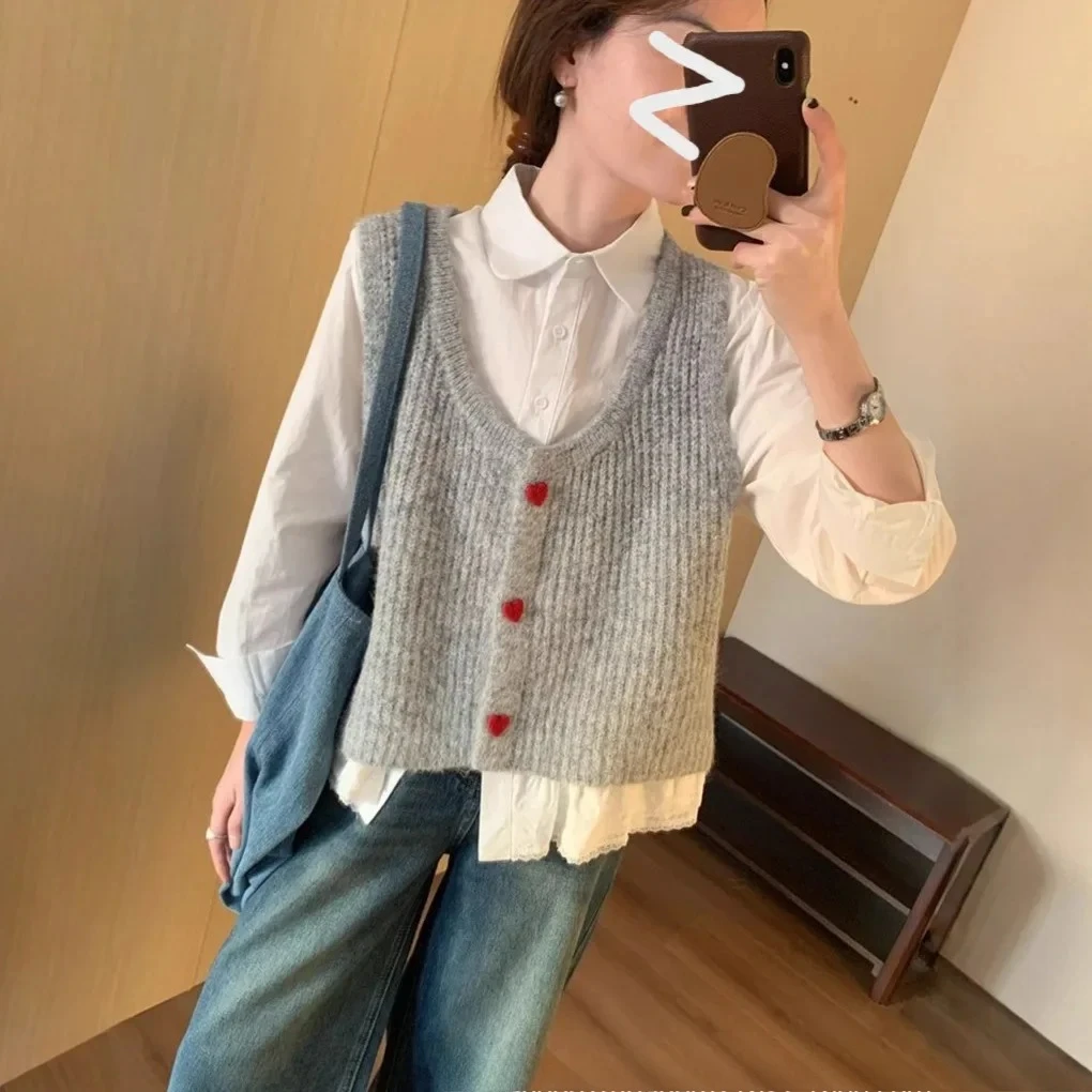 

2025 New Korean Style Pullover Sweater Shoulder Pad China Origin Polyester Sweet Cardigan Vest Women's Casual Layering Spring