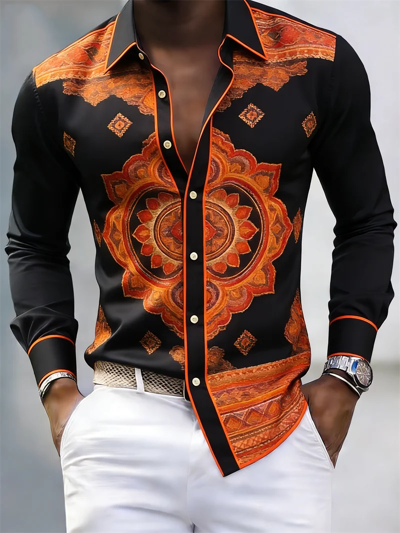 

New 11 color men's long sleeved shirt with 3D printed lapel button and petal pattern casual long sleeved top