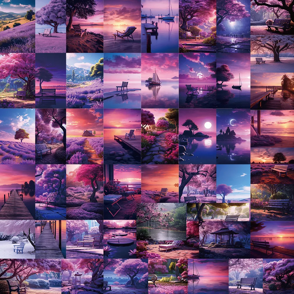 50-teilige Serene Purple Landscape Graffiti-Aufkleber – wasserfeste DIY-Dekoration für Tagebücher, Gitarren, Skateboards, AnimeWorlds Store