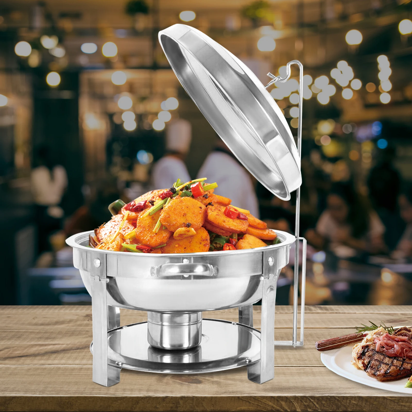 Plat à chafing rond de 7,5 L, chauffe-plat de buffet avec crochet de couvercle et réservoir de carburant à alcool, chauffe-plat en acier inoxydable pour événements familiaux
