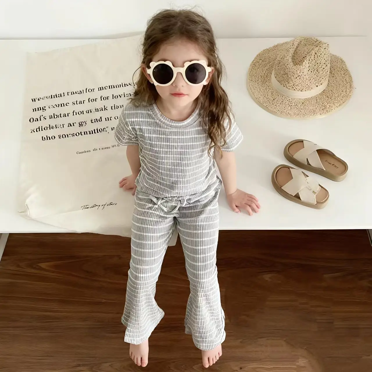Summer Girls Fashion Striped Sets Casual Striped Short Sleeve + Flare Pants 2pc Baby Girl Casual Two-Piece Baby Clothing 2-8Y