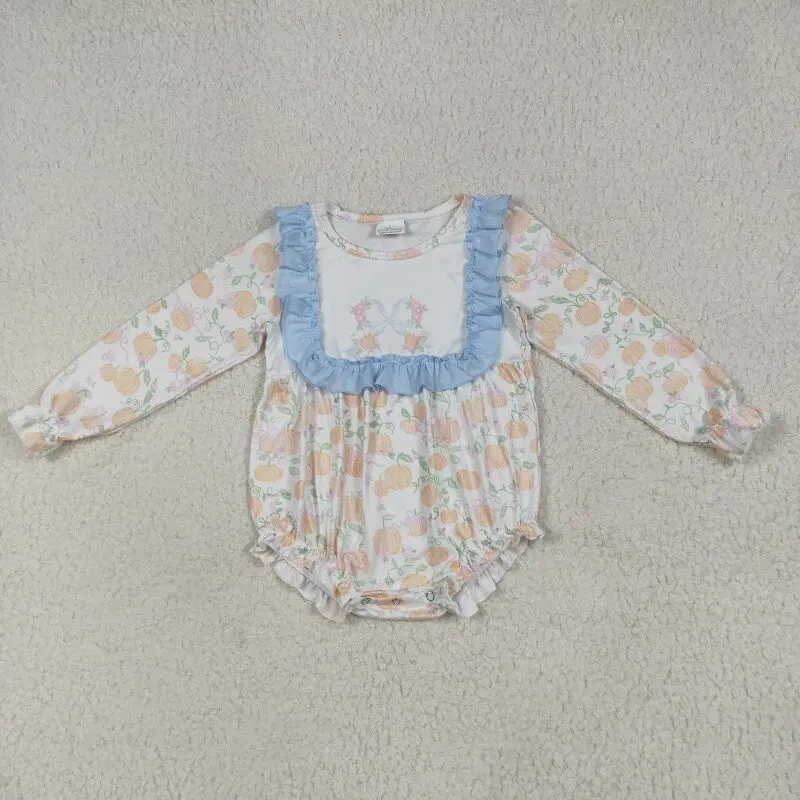 

Baby girls rompers wholesale pumpkin leaf blue bow pattern lace white long sleeve onesie