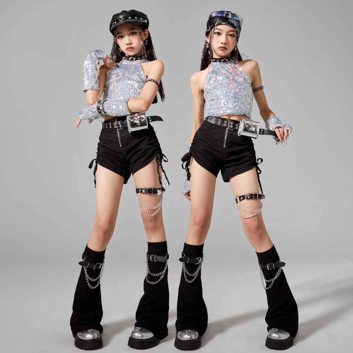 키즈 재즈 댄스 의류 소녀 Kpop 무대 복장 실버 탑 블랙 Shortsschool 쇼 공연 정장 패션 스트리트웨어 AMY2393