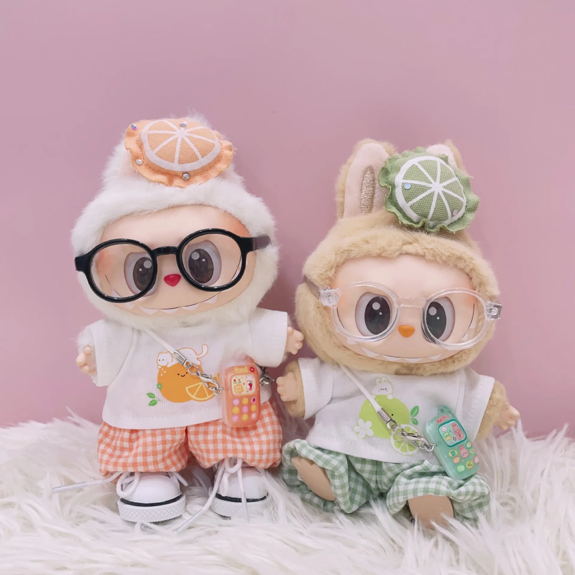 

15cm/17cm Adorable Mini Plush Doll Outfit - Labubu Doll Wear Summer Lemon & Orange Tee Set With Sitting Party Accessories