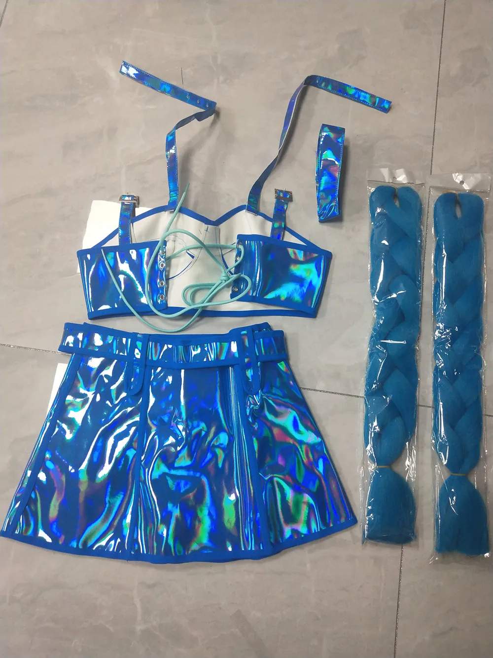 Różowo-Niebieski Laserowy Biustonosz Mini Spódniczka Klubowa Impreza Pokaz Rave Strój Damski Piosenkarka Tancerka Drużyna Seksowny Kostium Sceniczny Nocny Klub