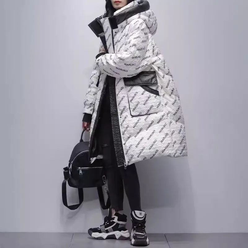 

Letter Printed Down Jacket Womens Long 2023 Winter White Duck Down Coat Female New Hooded Loose Thick Outerwear Trend Parkas