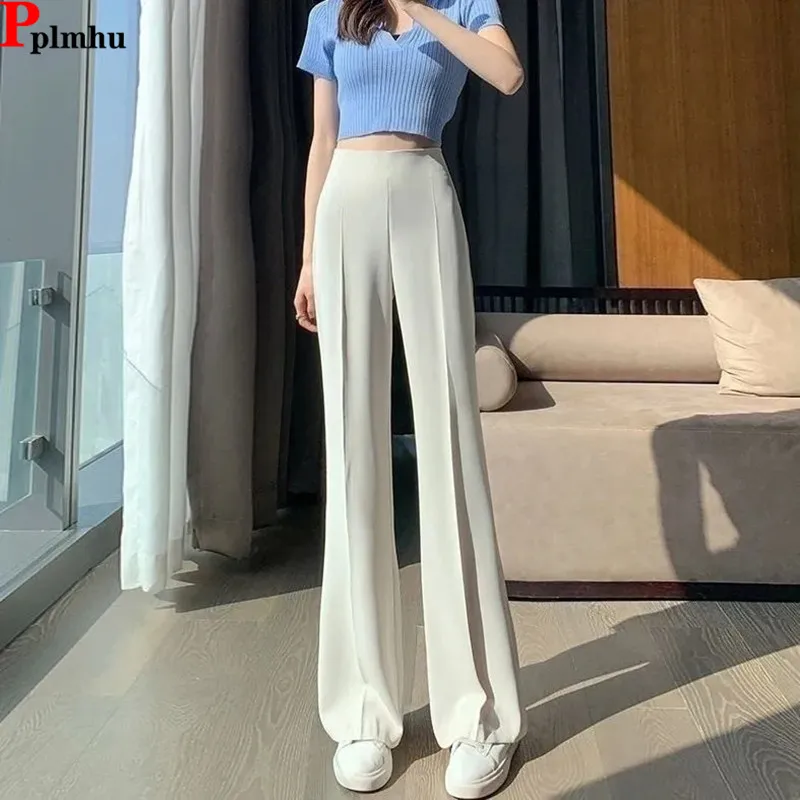 

Loose Spring Summer Ice Silk Suit Flare Pants Ol Korea High Waist Casual Boot Cut Pantalones Elegant Office Women Baggy Spodnie