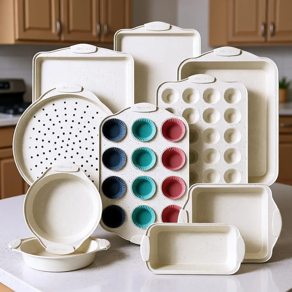 

Nonstick Stackable Bakeware Set with Silicone Handles, 450°F Oven Safe, Easy Release Cookie and Baking Sheets