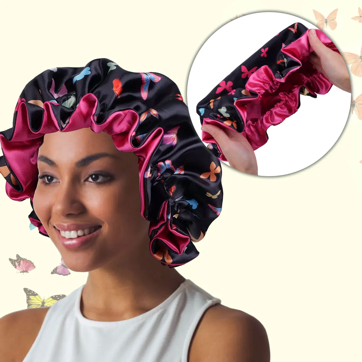 1pc Satin Sleep Bonnet with Butterfly Pattern - Double Layer Sleep Night Cap for Women & Men, Soft Satin Hair Protection