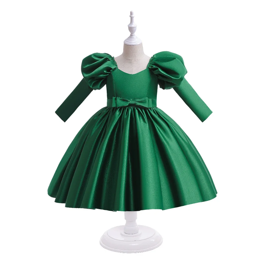 Autumn Long Puffy Sleeve Dresses for Girls Wedding Christmas Party Princess Costume With Bow Teen Children's Birthday Prom Gown