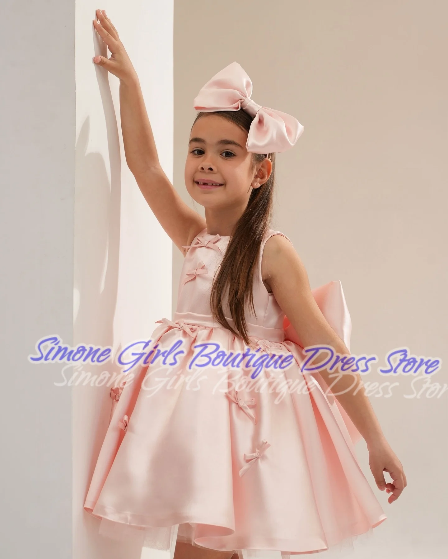 Cute Bow Pink short-sleeved dress Flower Girl Dress for Birthday party Formal Receptions Dance Performances Wedding Ceremonies