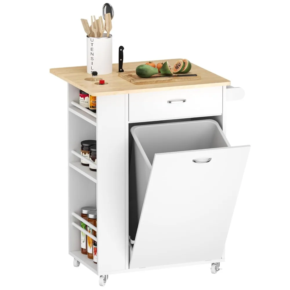 

Kitchen lsland with Drop Leaf, Trash Cabinet Tilt Out 10 Gallon Storage, Portable Cart with Rubberwood Top and Spice Rack