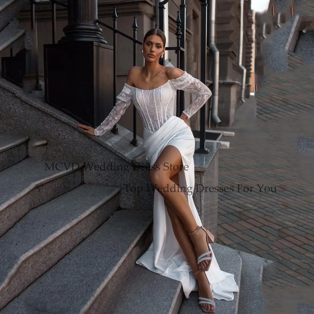 MCDV قبالة الكتف حورية البحر ثوب زفاف كم كامل الدانتيل يزين حمالة كم كامل الجانب سبليت Vestidos De Novia مخصص