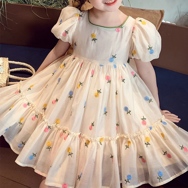 

Summer Beige Elegant Princess Dress With Green Bow Kids Birthday Party Clothes 4-10 Years Old Girls Princess Dress