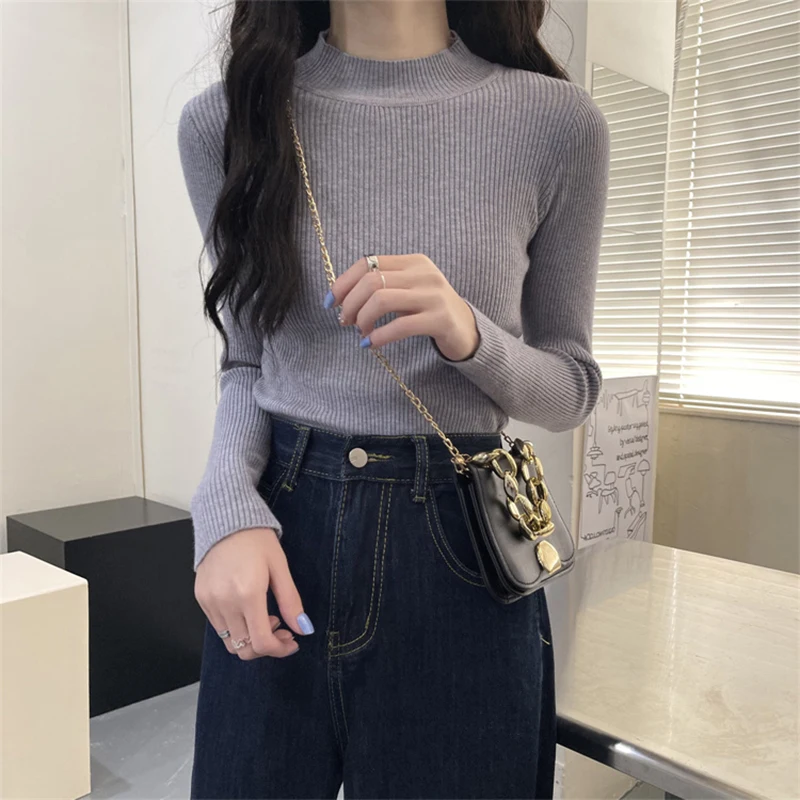 2024 Autumn Winter Mock Neck Women Sweater Basic Solid Knitted Tops Casual Slim Pullover Korean Sweaters Simple Chic Jumpers