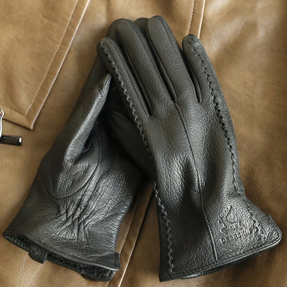 

Новые мужские перчатки из 100% овчины, узор из оленьей кожи, теплые и мягкие мужские кожаные перчатки, мужские варежки с плюшевой подкладкой.