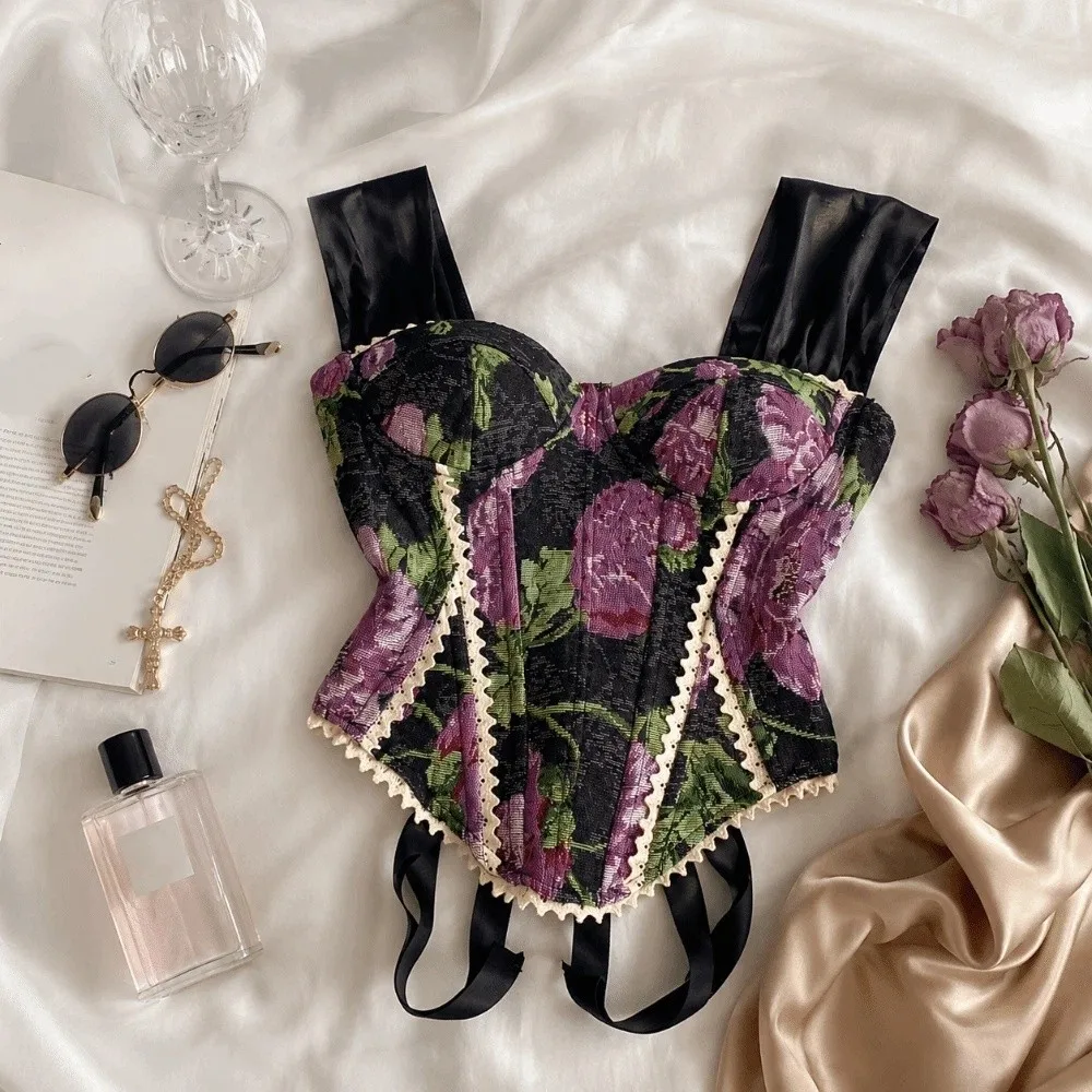 American Style Slim Fit Fishbone Corset Sleeveless Floral Print Women's Camisole Lace-up Back Suspender Vest Evening Wear