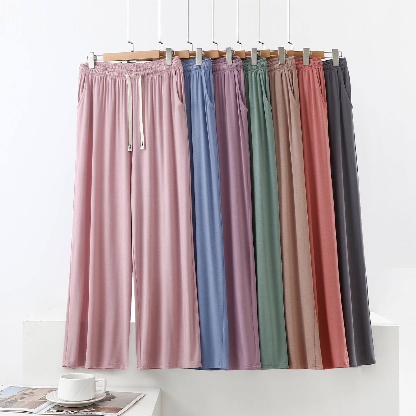 Women's Casual Wide Leg Pants Spring Summer New Style Pocket Design Floor Length Thin Material High Waist Comfortable Trousers