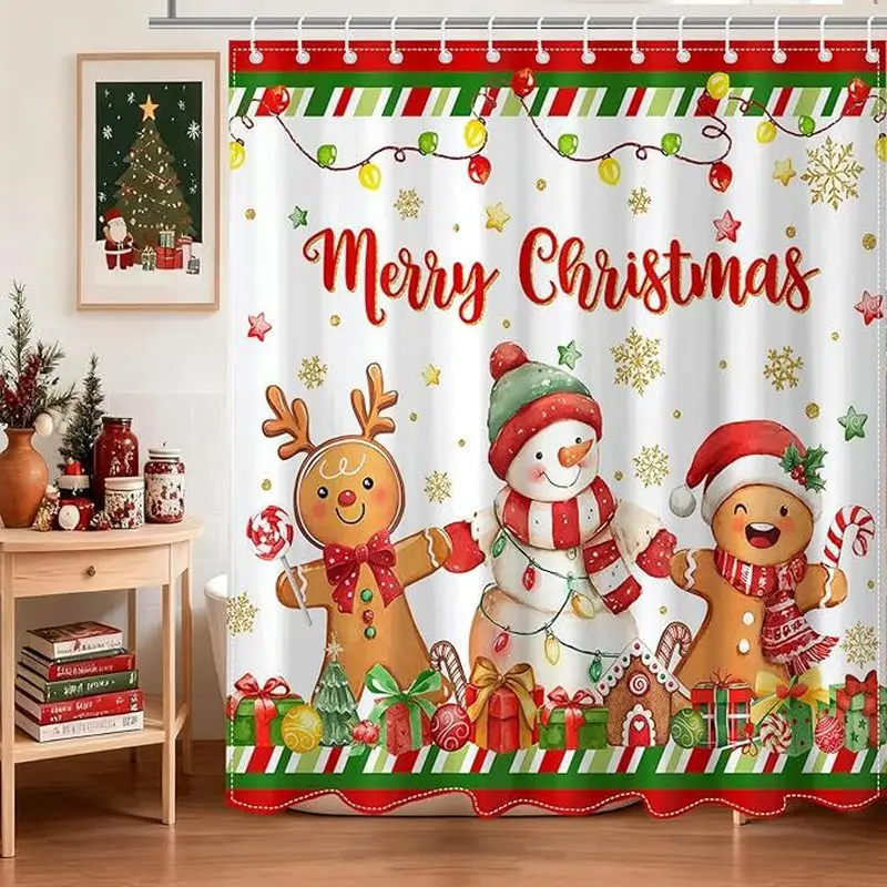 VIKAMA Christmas Shower Curtain, Boho Style Doodle Xmas Tree Print, Waterproof Neutral Winter Holiday Bathroom Decor Curtain