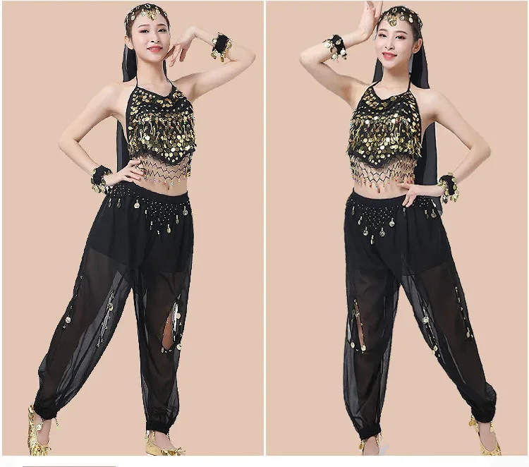 Vrouwen Buikdans Kostuums Cosplay Jurk Shinning Buik Indian Dance Munten Kostuum Broek + Gevouwen Kanten Beha