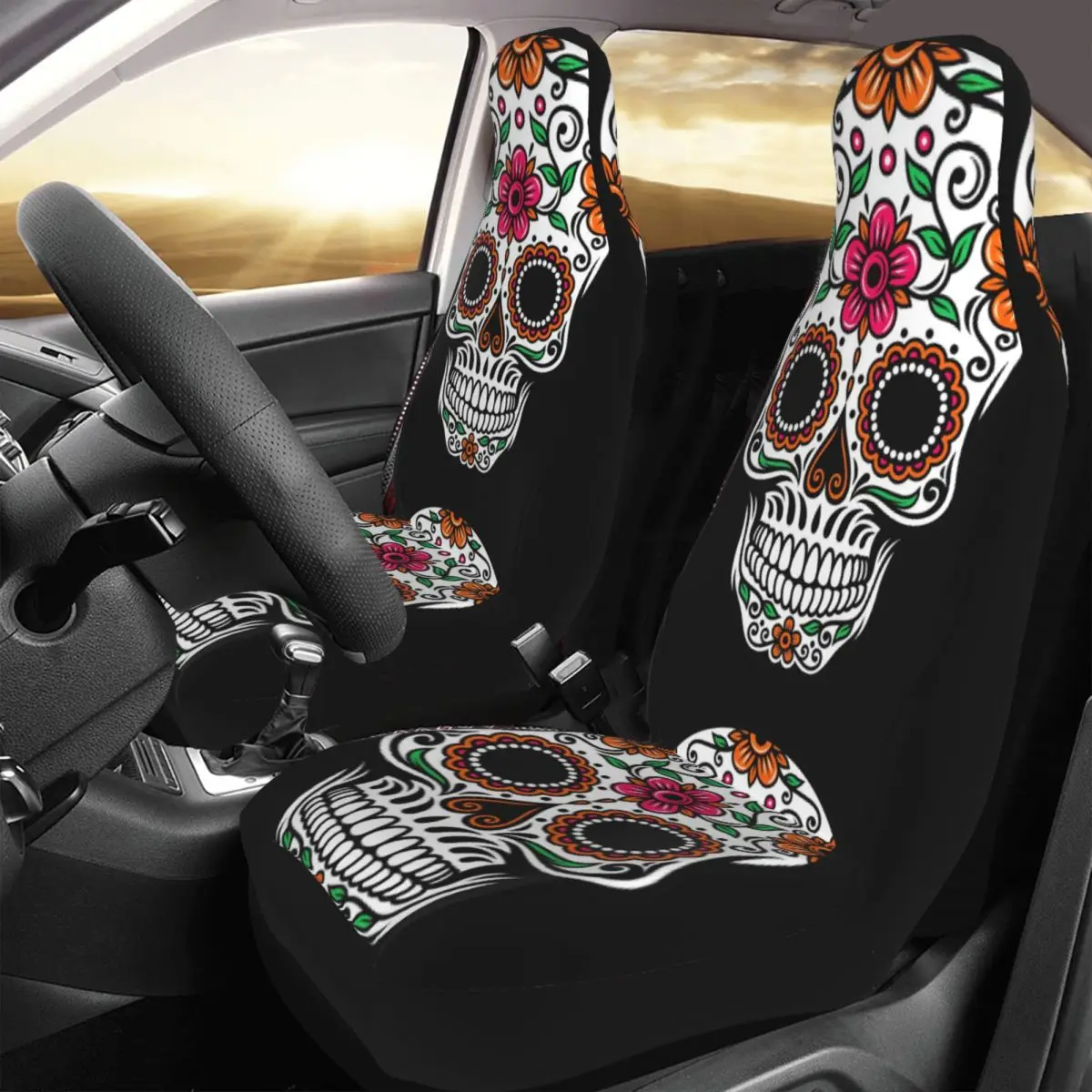 Sugar Skull Universal Car Seat Cover Four Seasons Suitable For All Kinds Models Car Seat Protection Covers Fiber Car Styling