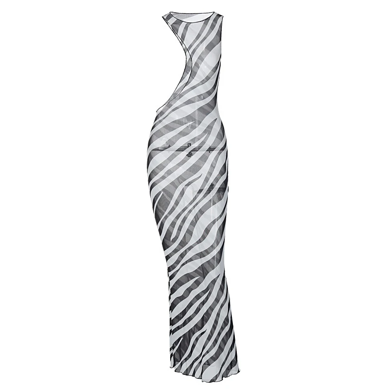 Zebra druck lange Strand kleid Vertuschungen sexy transparente Mesh Maxi kleid gestreift aus geschnitten Bodycon Urlaub Sommerkleid Frauen